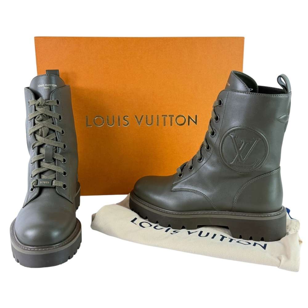 LOUIS VUITTON Green Khaki Flat Territory Women's Ranger Combat Boots 36.5 - 6.5 - Picture 1 of 17